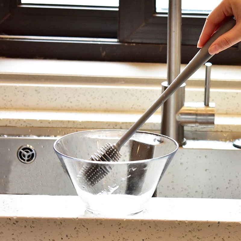 Bàn Chải Vệ Sinh Bình Thủy Tinh Bằng Silicone Xoay 360 Độ Tiện Dụng° Dụng Cụ Vệ Sinh Tay Cầm Dài Xoay Được