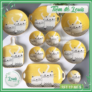 Bộ Bát Đĩa Ăn Cơm Chén Dĩa Sứ Hoạ Tiết Mèo Vàng Chibi Decor Phong Cách Nhật Bản
