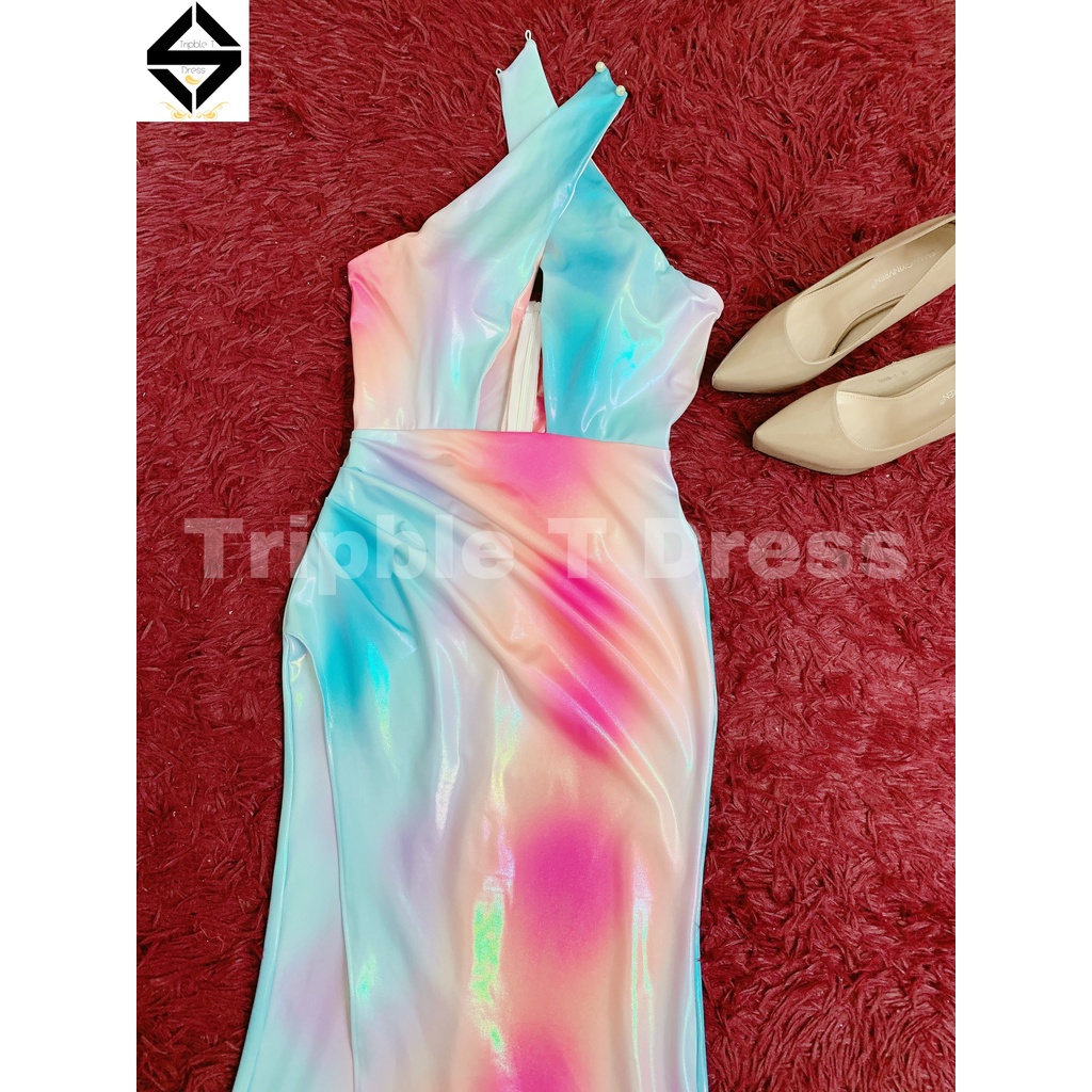 Đầm maxi body thun da bóng phối loang màu gợi cảm TRIPBLE T DRESS - size S/M/L - MS397V