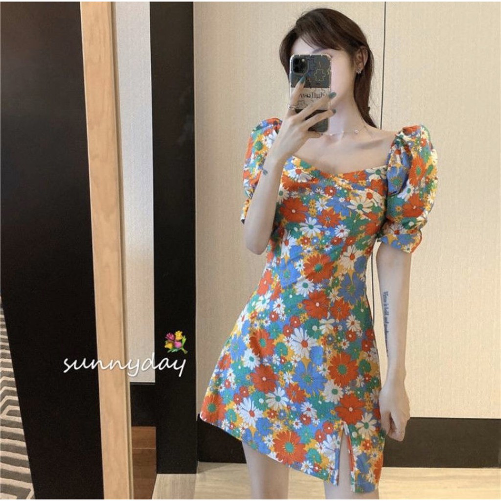 (Hàng Order) Đầm dáng xoè hoa sắc màu tay ngắn bo phồng cổ vuông xẻ đùi cực xinh