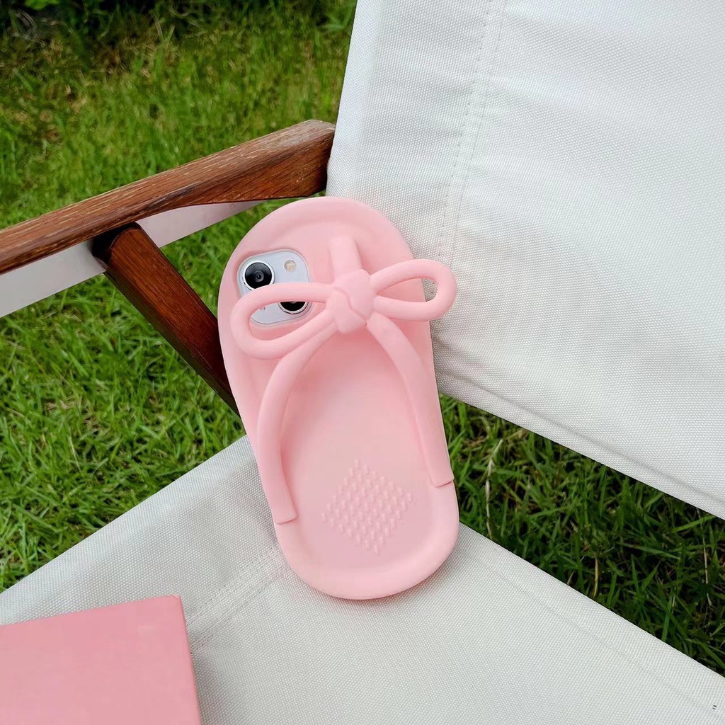 Ốp Điện Thoại Mềm Chống Rơi Họa Tiết Dép Đính Nơ Hồng Hoạt Hình Cho Iphone Xs Max XR 11 12 13 Pro Max