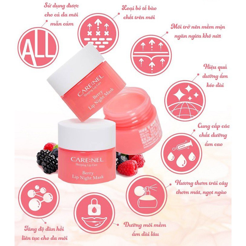 Mặt nạ ngủ môi Carenel, dưỡng môi, căng bóng mềm mịn môi, hương dâu Carenel Berry Lip Night Mask 5g