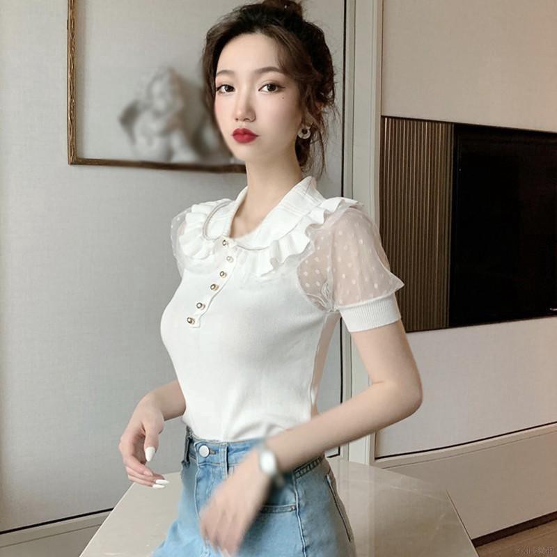 Áo dệt kim tay ngắn phối lưới phong cách retro thời trang cho nữ