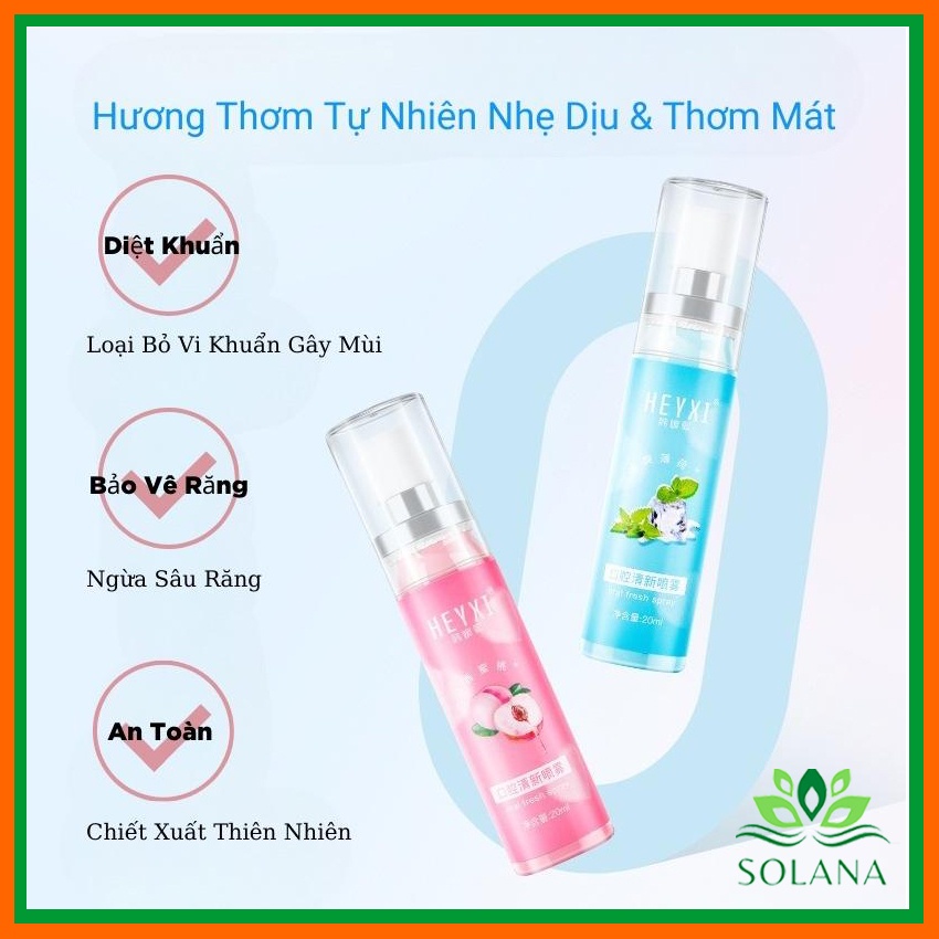 [HCM] Xịt Thơm Miệng HEYXI Vị Đào, Bạc Hà Thơm Mát, Giảm Hôi Miệng, Ngừa Vi Khuẩn Khoang Miệng Lưu Hương Thơm Mát SOLANA
