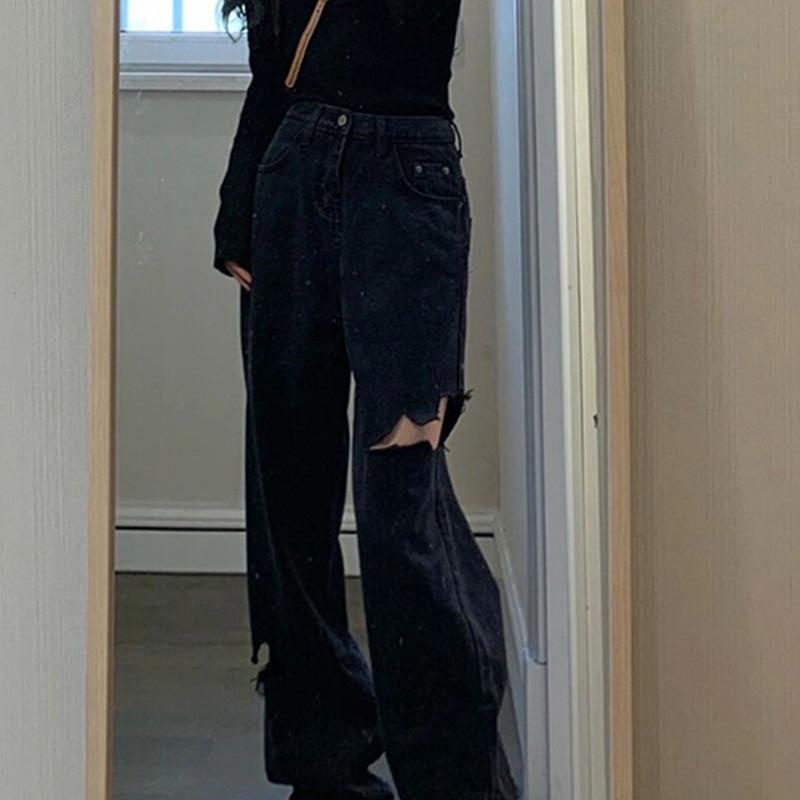 ✙♚✌Quần Jean Đen Ống Rộng Lưng Cao Rách Gối Thời Trang Xuân Hè 2022 Cho Nữ