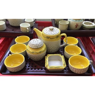 Bộ ấm chén men rạn chân chim phối men vàng  Gốm sứ Bát Tràng