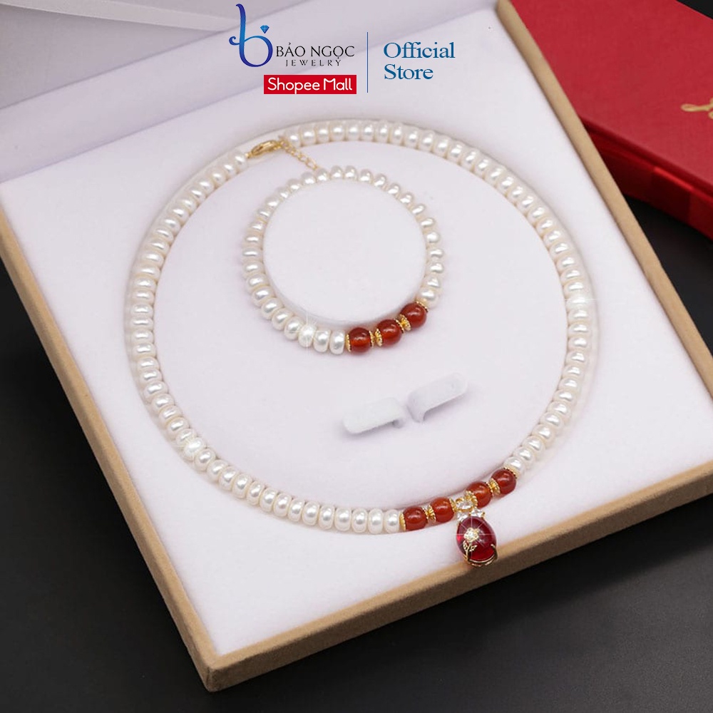 Bộ Chuỗi Ngọc Trai Tự Nhiên Nước Ngọt Pearl Làm Quà Tặng Đá Mã Não Đỏ Quý Tộc BNJ1208 Bảo Ngọc Jewelry