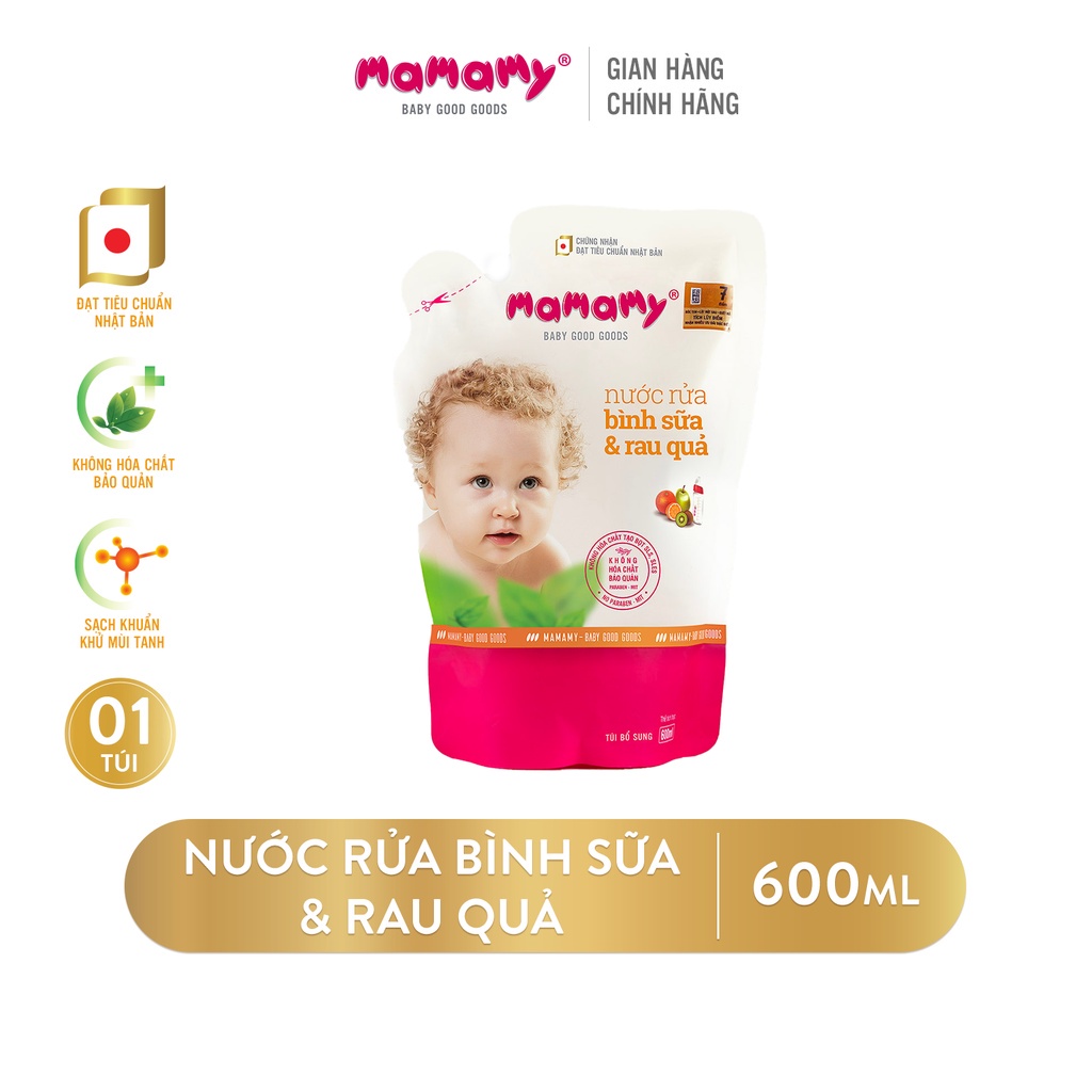 Túi Nước rửa bình sữa và rau quả lành tính, đạt tiêu chuẩn Nhật Bản Mamamy an toàn cho cả trẻ sơ sinh 600ml