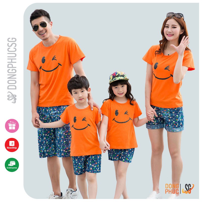 Áo gia đình mặt cười đồ đồng phục gia đình 3/4/5 người thun mềm mịn màu cam GD314CN DONGPHUCSG