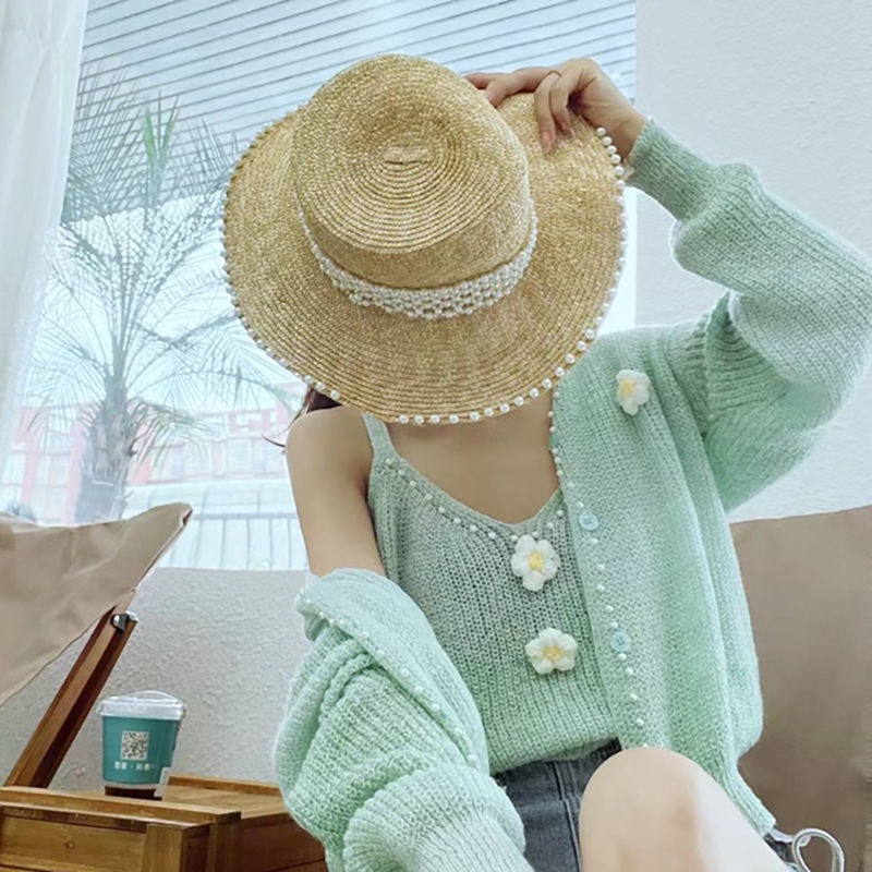 Sweet Soft Gradient Color Striped Knitted Cardigan Two-Piece Set Mori Style Small Flower Beaded Sweater Coat
