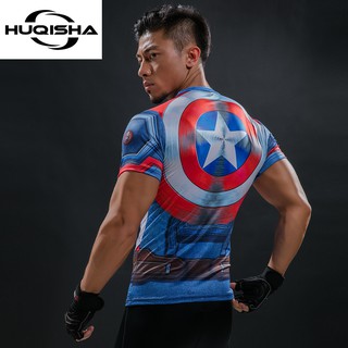 Áo thun nam HUQISHA khô nhanh ôm sát họa tiết khiên Đội trưởng Mỹ