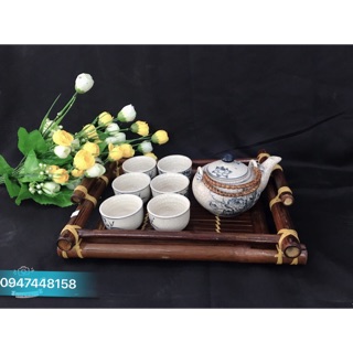 Bộ ấm chén men rạn quai mây - kèm khay tre