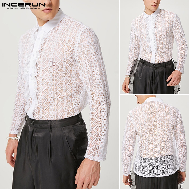 Áo sơ mi INCERUN dài tay phối ren lưới xuyên thấu phong cách Anh Quốc thanh lịch cho nam