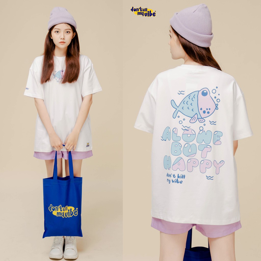 Áo thun nữ form rộng unisex DKMV màu trắng Don't Kill My Vibe | Alone But Happy Tee