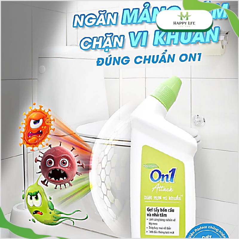 Tẩy bồn cầu, nước tẩy bồn cầu, gel bồn cầu toilet, tẩy nhà vệ sinh On1 Attack diệt 99,9% vi khuẩn 900g - Happy Life 4U