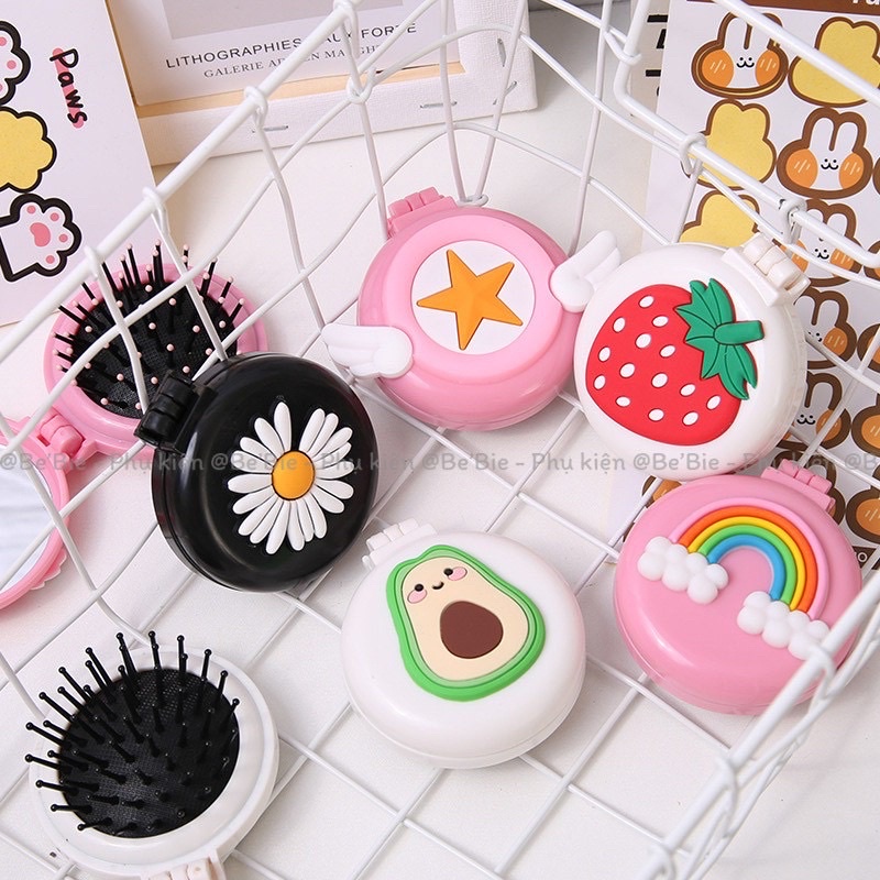 Gương Lược massage Mini Hàn Quốc phim hoạt hình tròn mềm cầm tay lược gỡ rối cute
