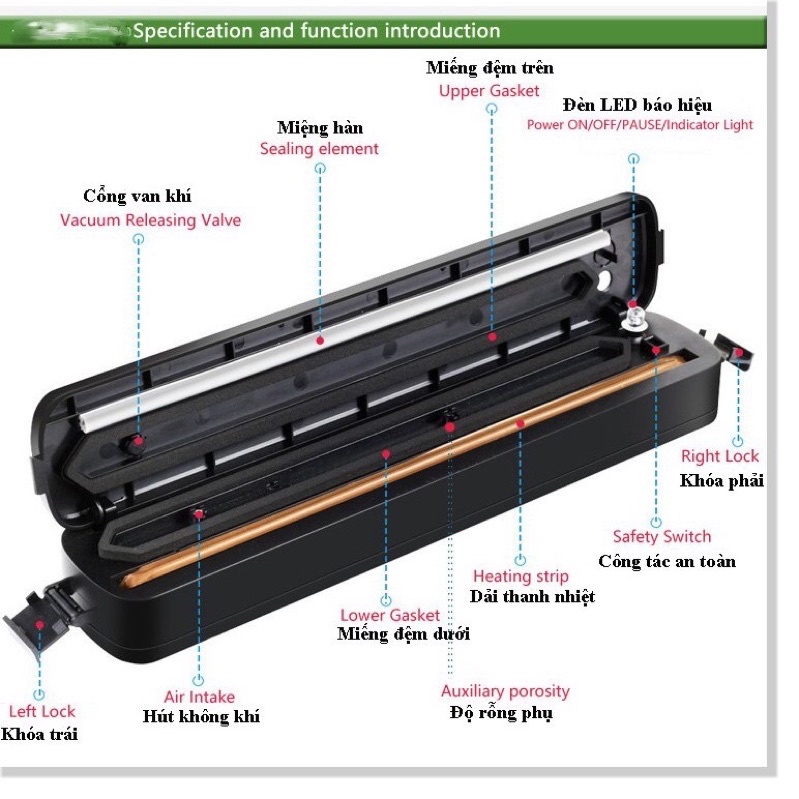 Máy hút chân không thực phẩm Vacuum sealed công suất lớn , máy hàn miệng túi cầm tay mini tặng kèm túi hút nilon.