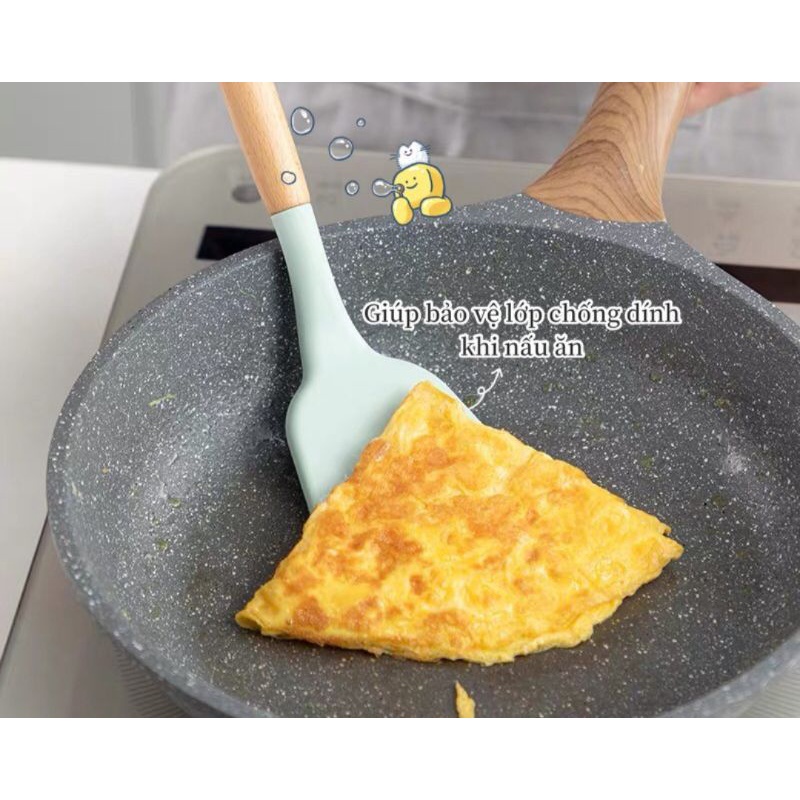 Bộ dụng cụ làm bếp 11 món kèm hộp đựng, chất liệu silicone chịu nhiệt kèm cán gỗ cao cấp