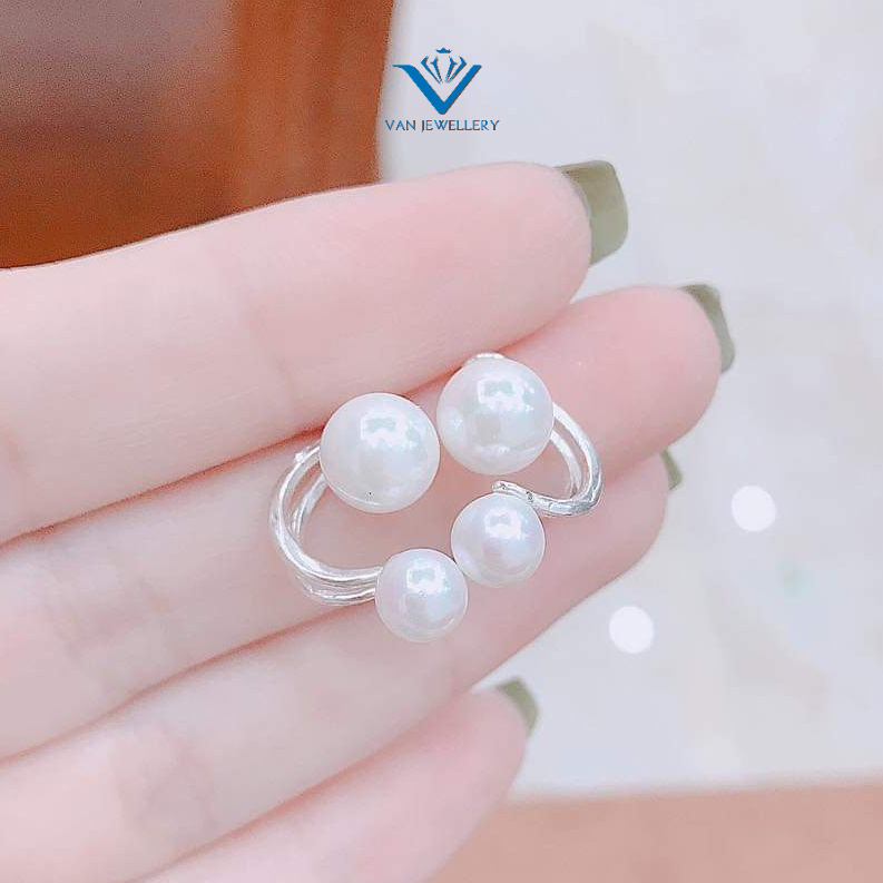 Khuyên tai bạc Van Jewelry V10732 Khuyên Dio kép Ngọc trắng xinh