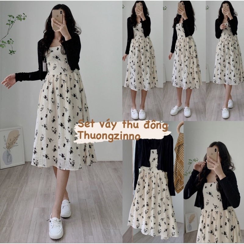 Set váy hoa kèm cadigan đen tuyền xinh xắn Set đồ hoa vintage Hàn Quốc