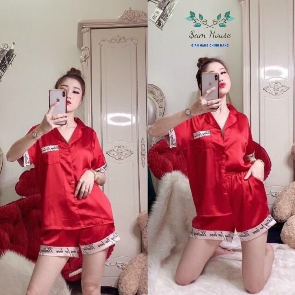 Pijama lụa cộc đùi, bộ mặc nhà, bộ ngủ lụa tay cộc quần đùi viền chữ ký mềm mại siêu sang