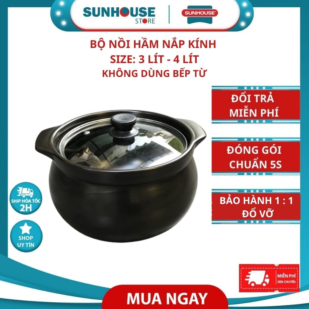 (HCM) Nồi đất ấm đất hầm 3L 4L 5L ANPER tráng men nắp thuỷ tinh ko bếp từ nấu cháo kho cá kho thịt sắc thuốc
