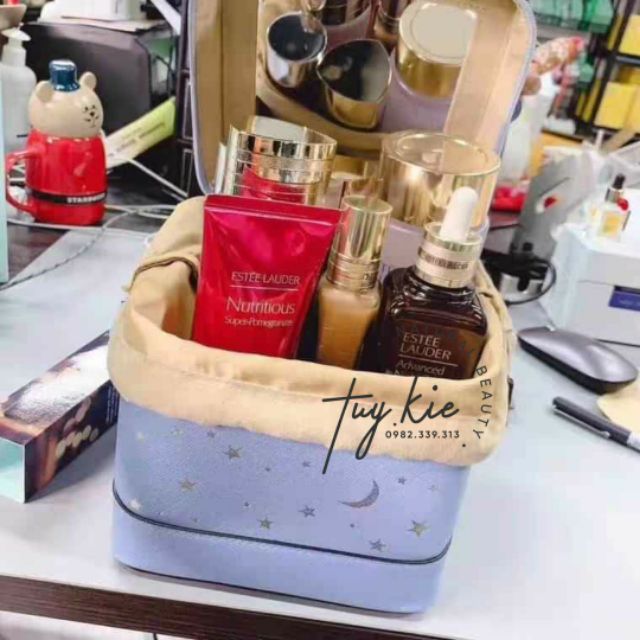 Túi hộp mỹ phẩm Estee Lauder 2019 nền xanh họa tiết sao vàng