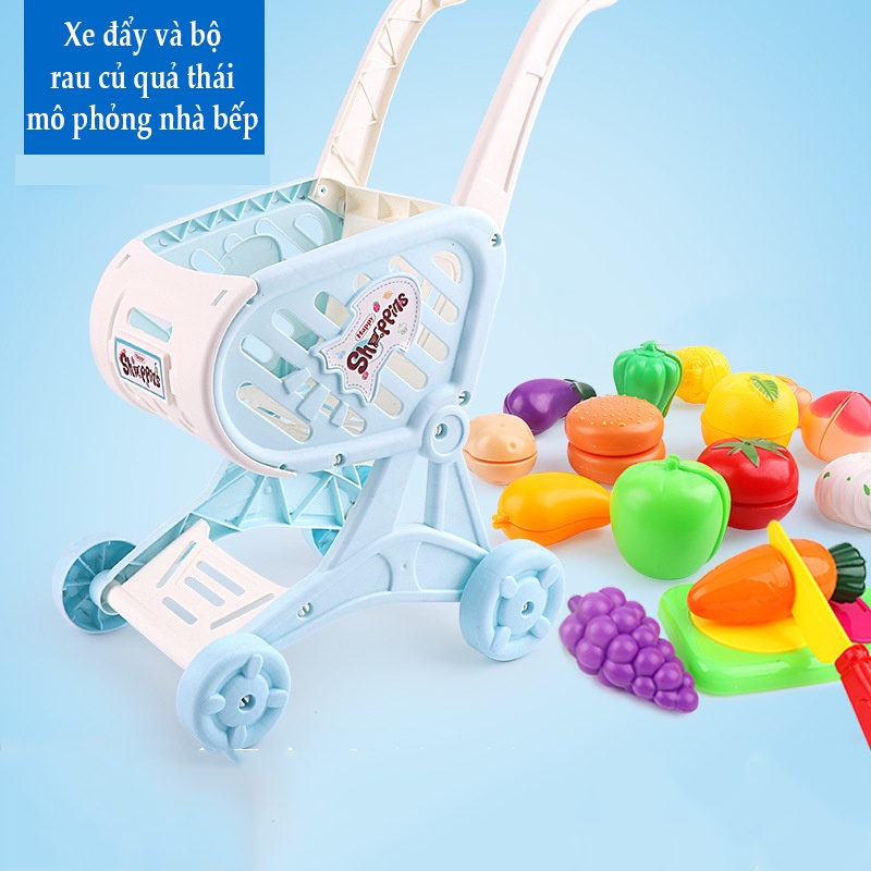 Xe Đẩy Đồ Chơi Cho Bé Xe Đẩy Siêu Thị Mô Hình Cho Bé Chở Trái Cây Có Giỏ Đựng Đồ Tiện Lợi