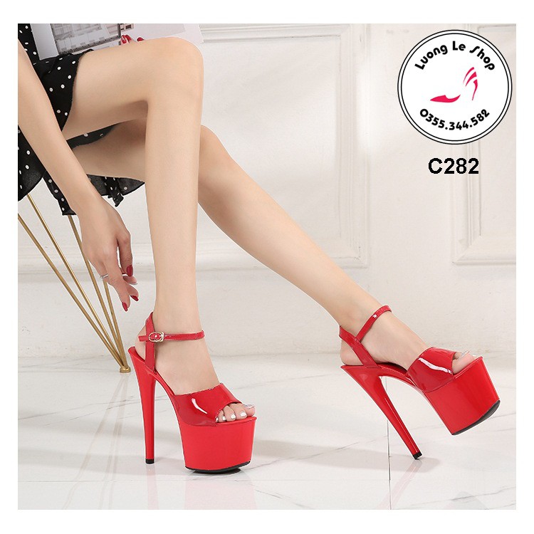 Giày cao gót 17cm gót nhon hở mũi da bóng quai vòng cổ chân nhiều màu Ms C282