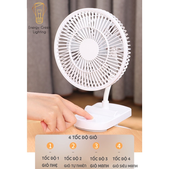 Quạt Tích Điện Energy Green Lighting F1 Vừa Để Bàn - Vừa Kẹp Trên Bề Mặt - 4 Tốc Độ Gió Siêu Mát - Pin 2000mAh