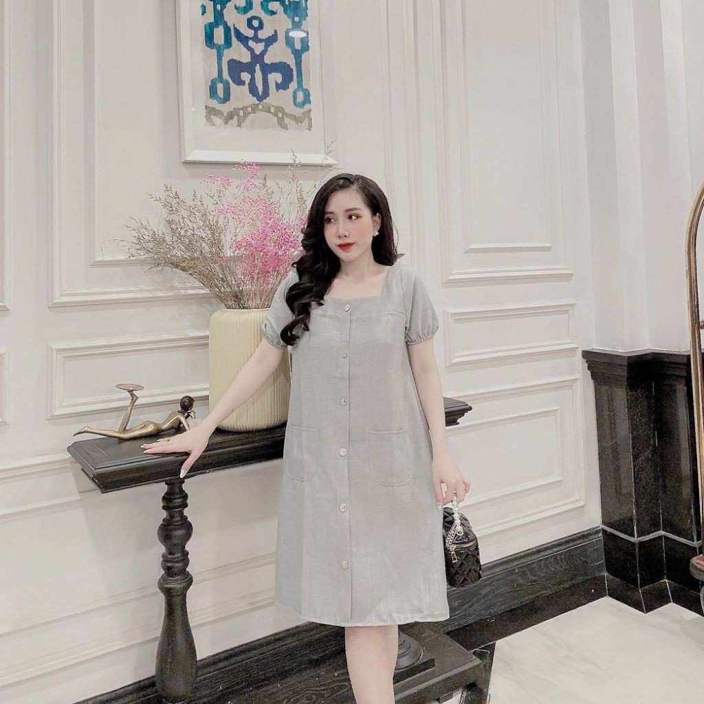 Váy bầu cổ vuông M266 chất đũi hàn freesize từ 45 đến 70kg