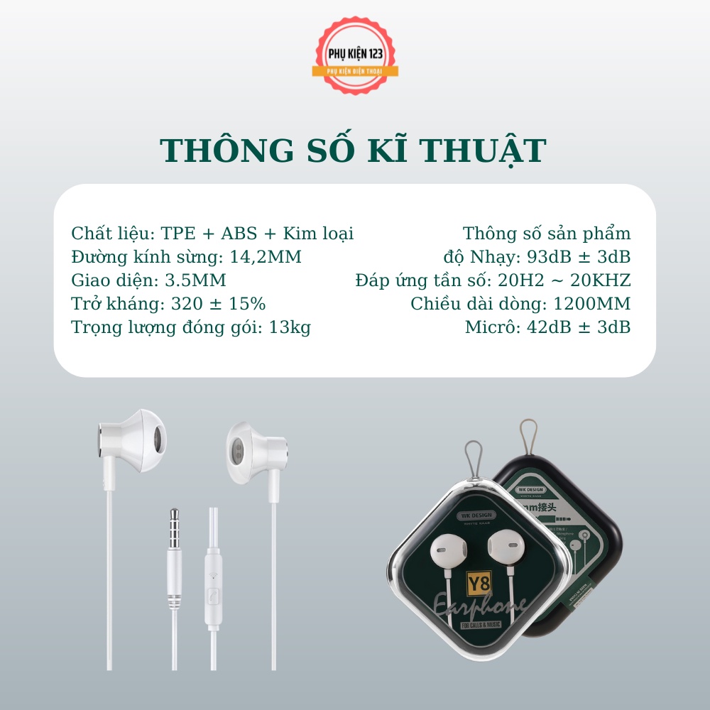 Tai nghe có dây Wekome Y8 tích hợp đàm thoại, nghe nhạc, chơi game