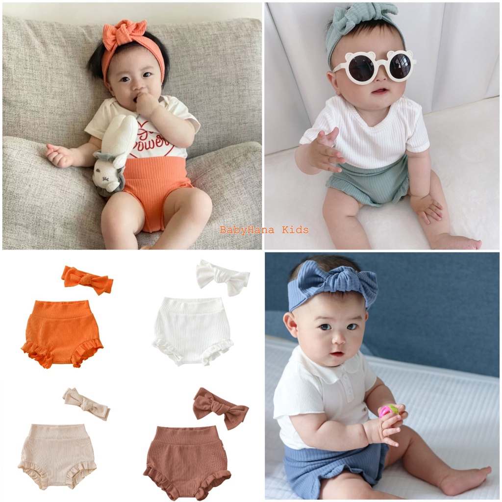 [Kèm Turban] Quần đùi bé gái bé trai chất vải thun gân co dãn cho trẻ từ 3-12kg