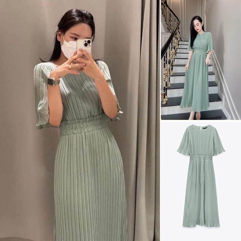 ĐẦM MIDI XẾP LI ZARA XUẤT DƯ TUỒN MÀU XANH DÁNG DÀI - 8741/250