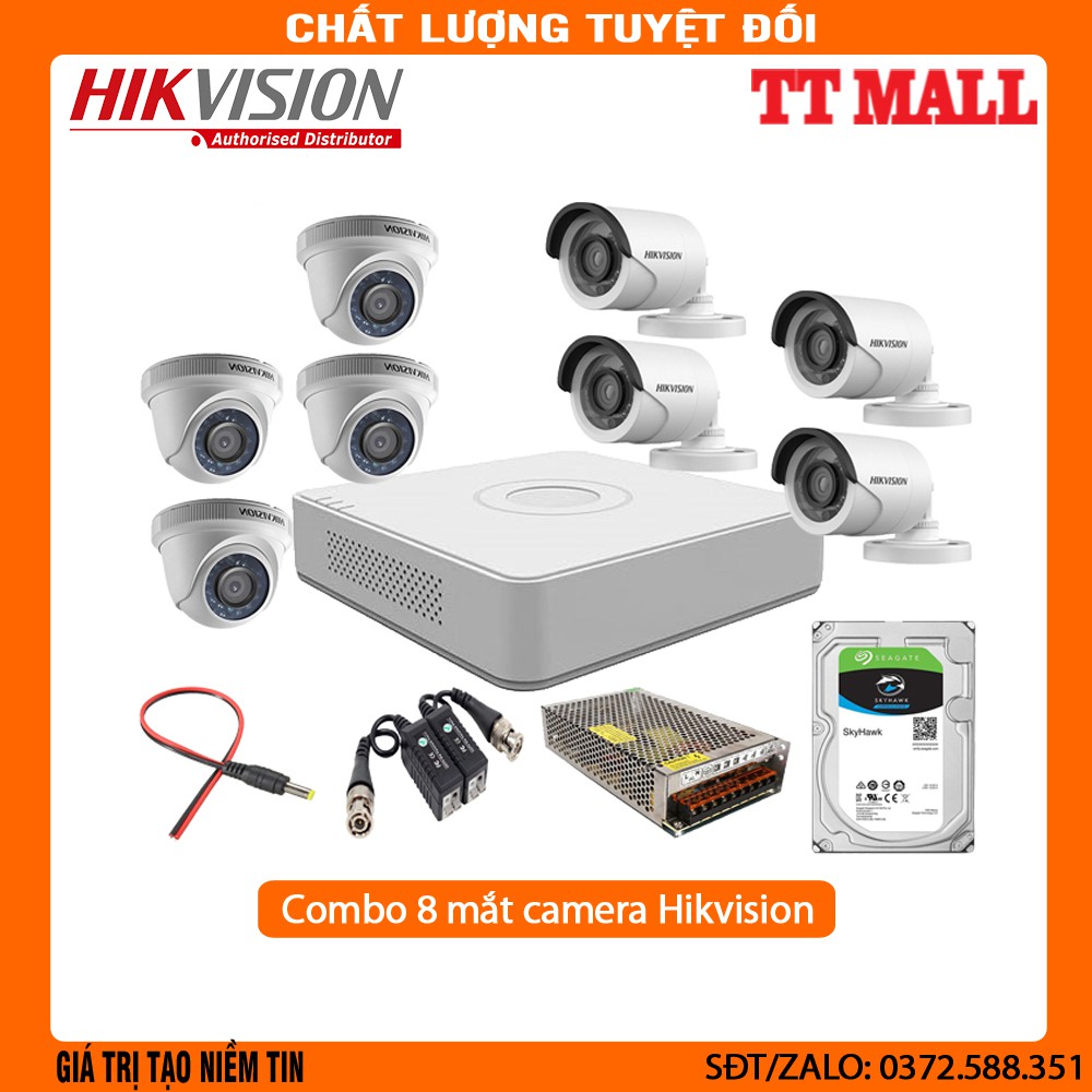 {Giá hủy diệt} Trọn Bộ 8 Camera Quan Sát Hikvision 2.0 megapixel Full HD 1080P kèm HDD 500G và full phụ kiện lắp đặt