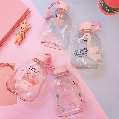 cốc nước hồng hạc BN26 thuỷ tinh bình nước 300ml - 450ml bình nước cute bình nước dễ thương