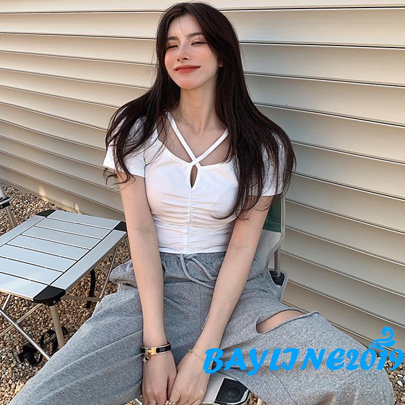 BAY-Women Casual Crop Tops, Solid Color Short Sleeve Slim-Fit Pleated Tops, One Size