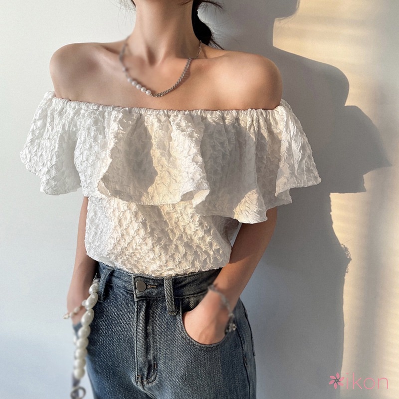 Áo Croptop Trễ Vai Tay Ngắn Màu Sắc Thanh Lịch