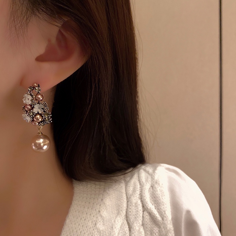 Khuyên Tai Hình Bông Hoa Đính Đá Và Ngọc Trai Giả Thanh Lịch Dành Cho Nữ