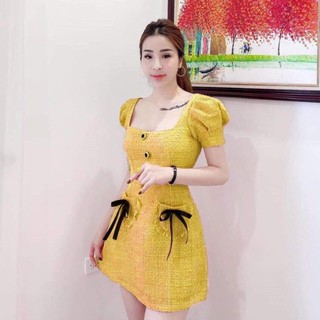 Váy đầm nữ dự tiệc Tay phồng phối túi hàng nút Amee