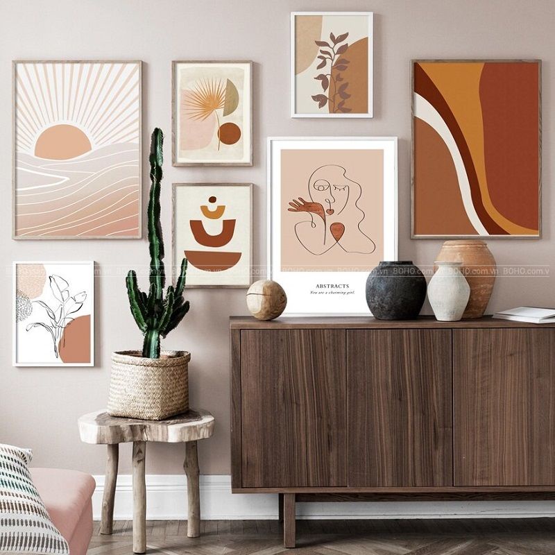 Bộ tranh BOHO trừu tượng treo tường - Tranh canvas trang trí phòng khách phòng ngủ, tặng đinh 3 chân
