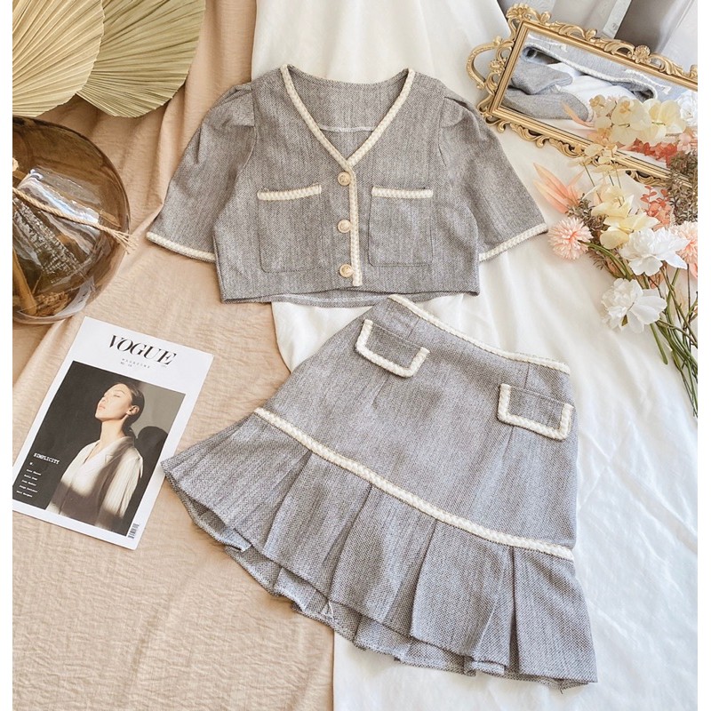 Set váy nữ❤️Set áo croptop+ chân váy dạ