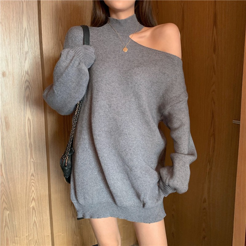 ♥Áo Sweater dệt kim tay dài dáng rộng trễ vai thiết kế quyến rũ cho nữ