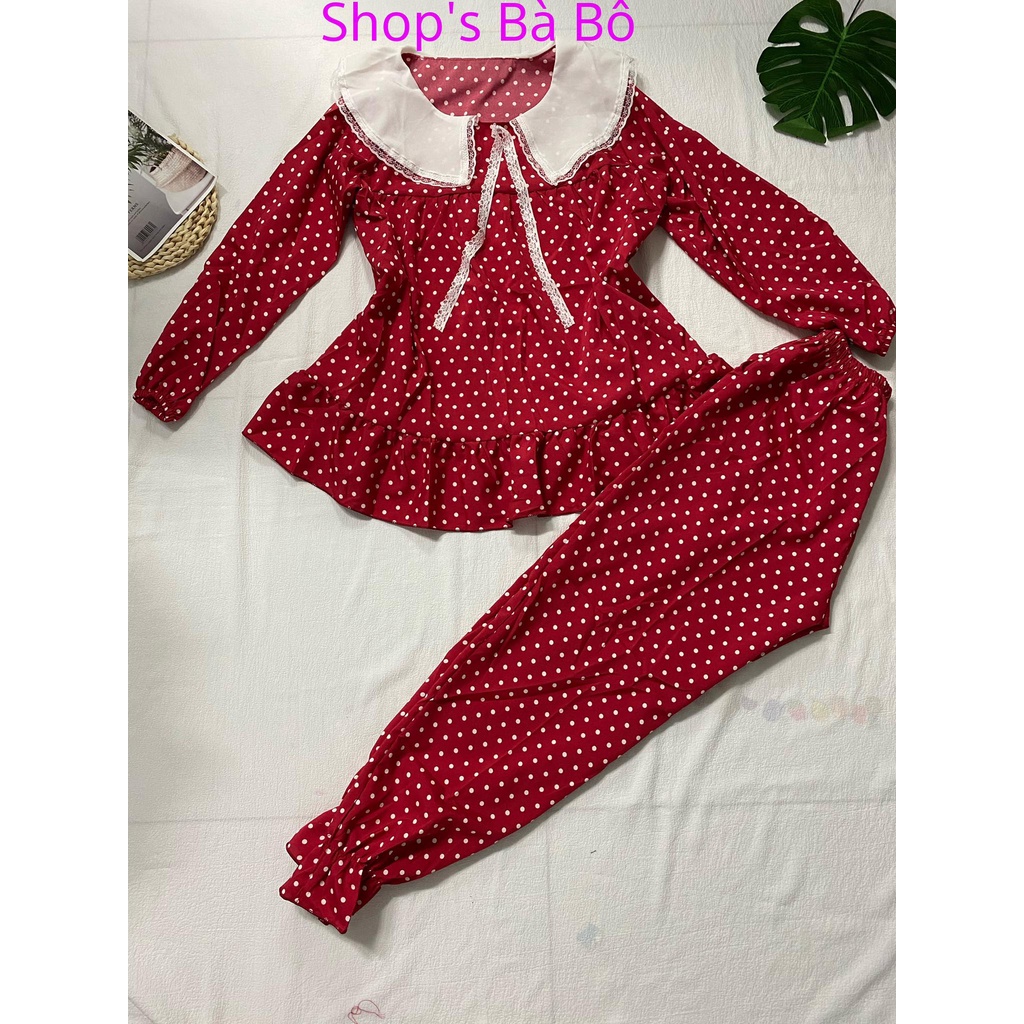 Bộ tiểu thư mặc nhà cho nữ áo cổ bèo, dài tay vải đẹp, dễ mặc, siêu xinh, nữ tính