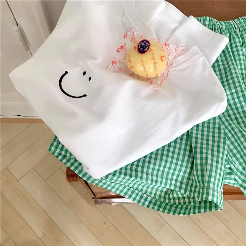 Set Mặt Cười Short Caro Xanh PEONYB Nữ [FREESHIP]  Bộ ngủ áo thun trắng smile quần sooc đùi kẻ form rộng Ulzzang