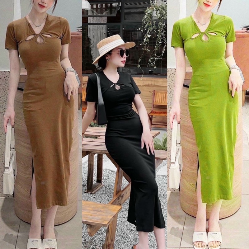 Đầm Thun Body  Tay Ngắn Cổ Tròn Cắt Xẻ Body Dáng Dài Khoét Lưng