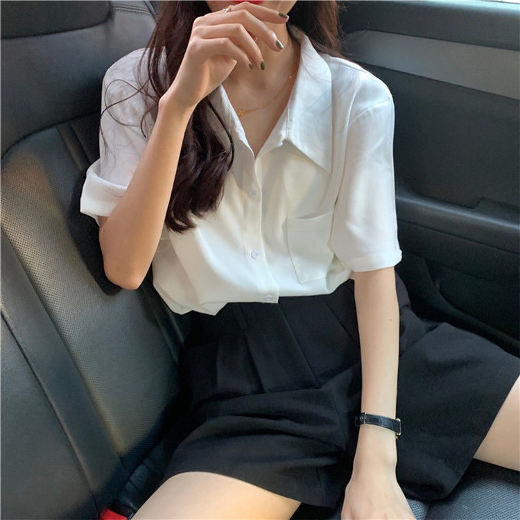 Áo sơ mi trắng nữ Thiết kế Ngắn tay Retro Form rộng Phối túi Ulzzang Hàn Quốc Sơ mi nữ Thời trang | BigBuy360 - bigbuy360.vn
