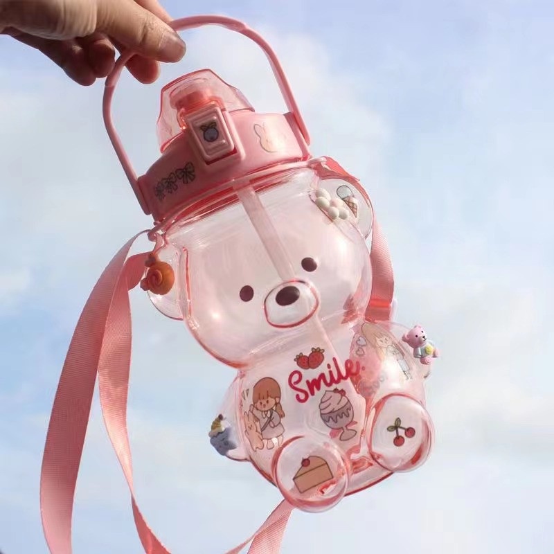 Bình nước nhựa gấu 1000ml kèm tặng hình dán