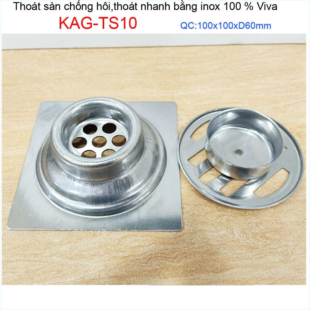 Hố ga thoát sàn Viva ống 6cm Inox mờ, phễu thoát nước chống hôi vuông 10x10cm KAG-TS10