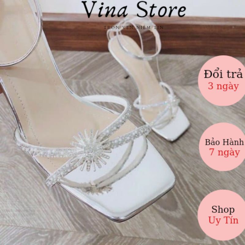 Giày Sandal Cao Gót Đế Nhọn 7P Quai Đính Đá Hoa Cúc Hot 2021 - mã VNST030